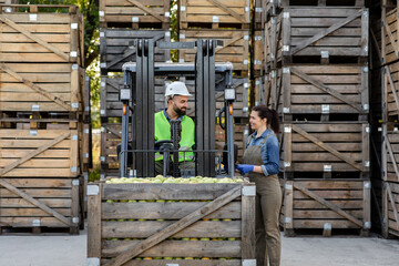 Fototapeta na wymiar Happy young bearded guy driver in helmet in forklift truck with box full green apples