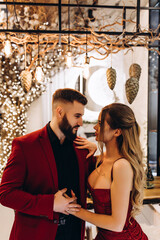 The guy and the girl are celebrating Christmas. A loving young married couple on New Year's Eve. Love story. Location in the kitchen.