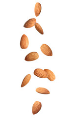 Many tasty almonds falling on white background
