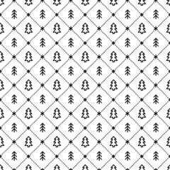 Christmas doodle Christmas trees and snowflakes argyle seamless pattern. Winter holiday black and white checkered print.