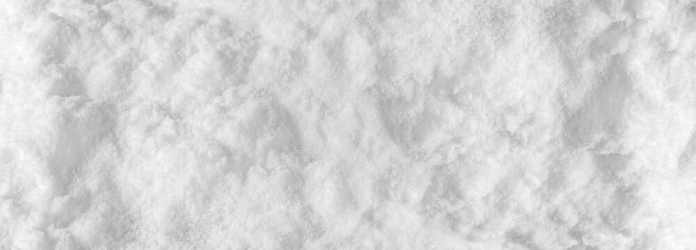 Background of fresh snow winter for design snowy white texture, Closeup top view wide panoramic texture.
