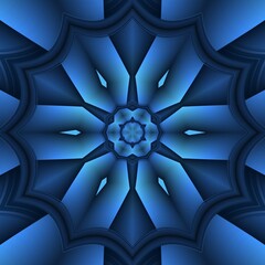 hexagonal kaleidoscopic pattern as floral fantasy in many shades of blue