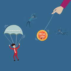 Flat design of cryptocurrency,Young investors attaked by digital coin but he had a parachute on him - vector