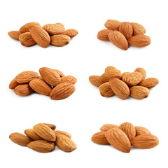 Set with tasty almond nuts on white background