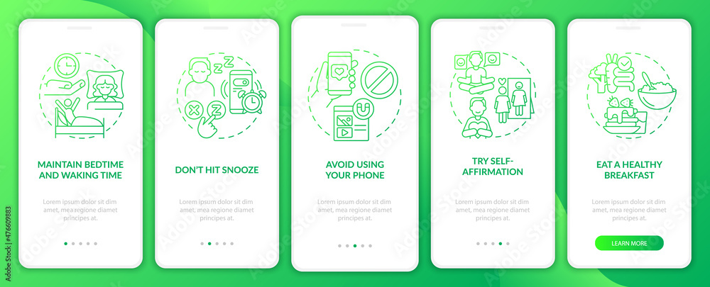 Aufkleber build morning routine green gradient onboarding mobile app screen. ideas walkthrough 5 steps graphic