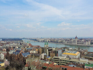 Fototapeta na wymiar Budapest, Hungary, March 2016 - panoramic view of Budapest and the Hungarian Parliament Building