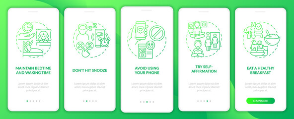 Build morning routine green gradient onboarding mobile app screen. Ideas walkthrough 5 steps graphic instructions pages with linear concepts. UI, UX, GUI template. Myriad Pro-Bold, Regular fonts used