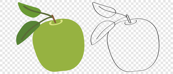Green apple - delicious sweet fruits, cartoon flat vector illustration. Icon symbol for creating packaging or splash, children's coloring.