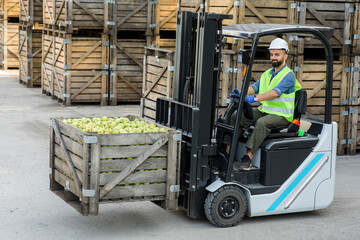 Transport work in warehouse with organic products for sale and production