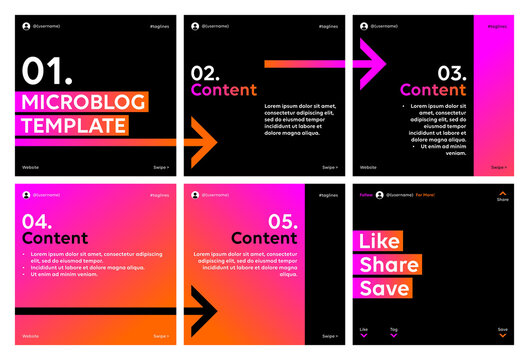 Microblog carousel slides template for social media post. Six page, pink oranges gradient and arrows theme.