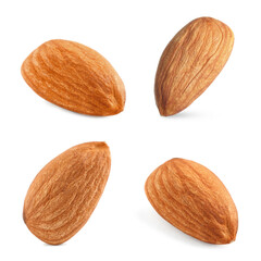 Set with tasty almonds on white background