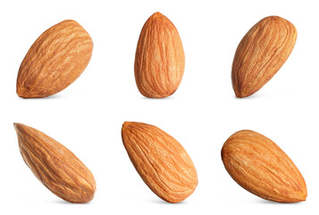 Set with tasty almonds on white background