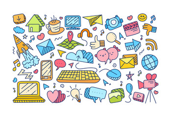 Technology and Social Media Doodle, Social Media Icon Doodle, Social Media Colorful Doodle