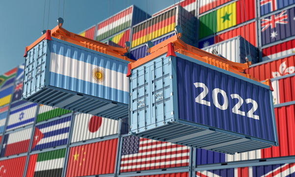 Trading 2022. Freight container with Argentina flag. 3D Rendering © Marius Faust