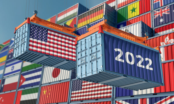 Trading 2022. Freight container with USA flag. 3D Rendering © Marius Faust