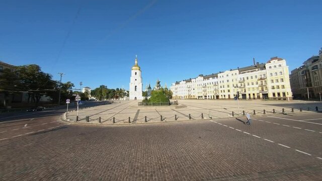 FPV drone footage. Fly over Bohdan Khmelnytsky Monument on Sofiyivska Square at Kyiv. Ukraine, Kyiv - 3 august 2021