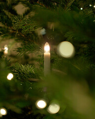 Sustainable electric candle on a Christmas tree