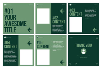 Microblog carousel slides template for social media post. Six page, greens and arrows theme.	