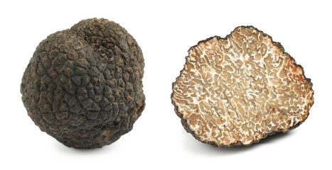 Expensive delicious black truffles on white background, collage. Banner design
