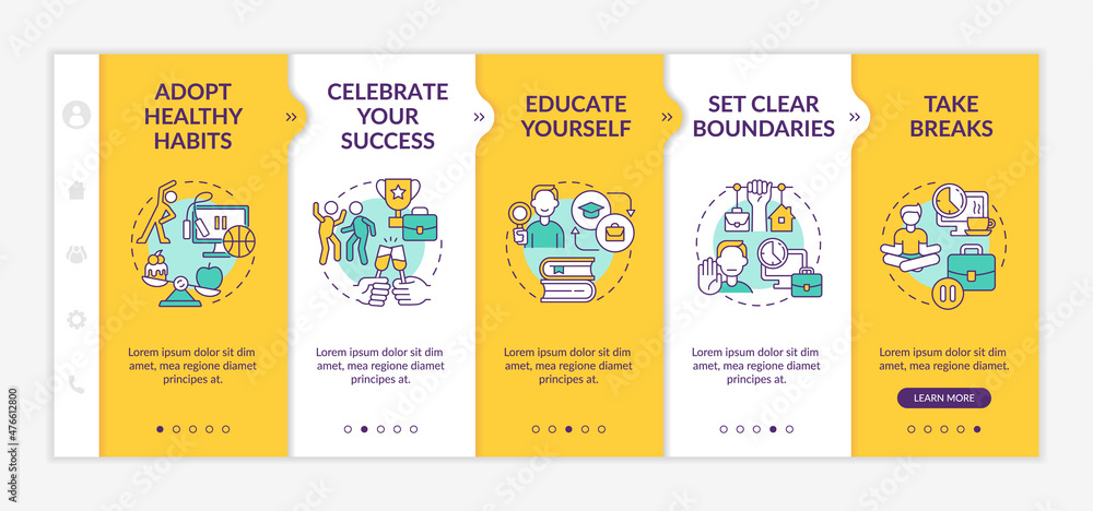 Poster dealing with anxiety at work yellow onboarding template. stress overcoming. responsive mobile websit