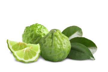 Naklejka na ściany i meble Fresh ripe bergamot fruits and green leaves on white background