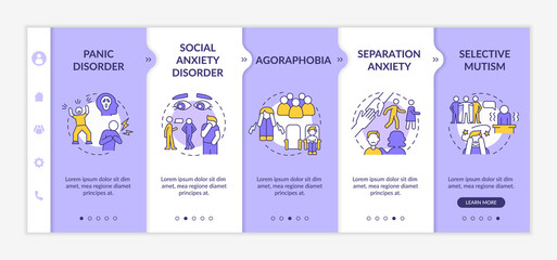Types of anxiety disorders purple and white onboarding template. Mental illness. Responsive mobile website with linear concept icons. Web page walkthrough 5 step screens. Lato-Bold, Regular fonts used
