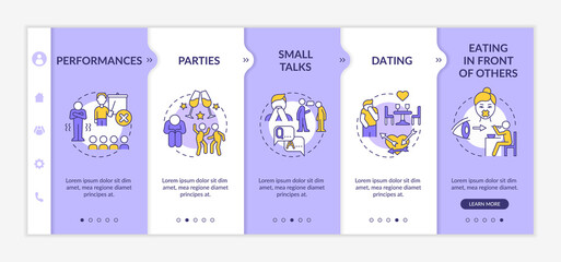 Fototapeta premium Common anxiety triggers purple and white onboarding template. Mental disorder. Responsive mobile website with linear concept icons. Web page walkthrough 5 step screens. Lato-Bold, Regular fonts used