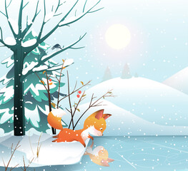 Winter landscape and little cute fox on the lake. Christmas greeting card watercolor style vector winter scene design. Fox in Christmas, winter frozen lake landscape.