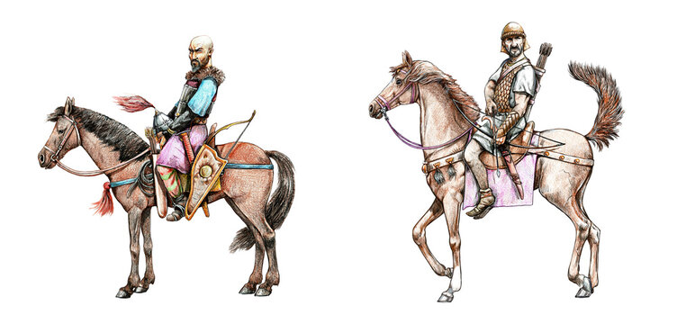Ancient warriors. Nubian and Mongolian horsemen. Medieval mounted knight illustration.