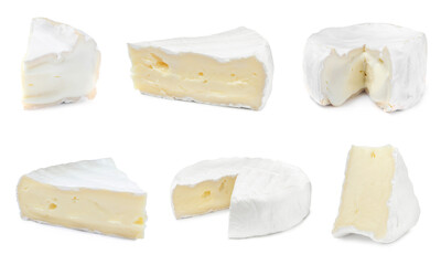 Set with tasty brie cheese on white background
