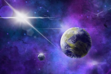 Obraz na płótnie Canvas Planet earth, moon and sun in the galactic background