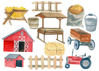 Farm yard watercolor illustration. Tractor, barn