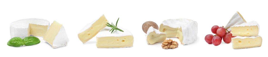 Set with tasty brie cheese on white background. Banner design