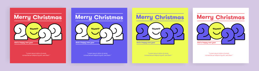 New Year Christmas Set of greeting cards, posters, holiday covers. Vector multicolored numbers 2022 for poster, brochure, banner, ticket. Numbers and yellow happy smile emoji on background.