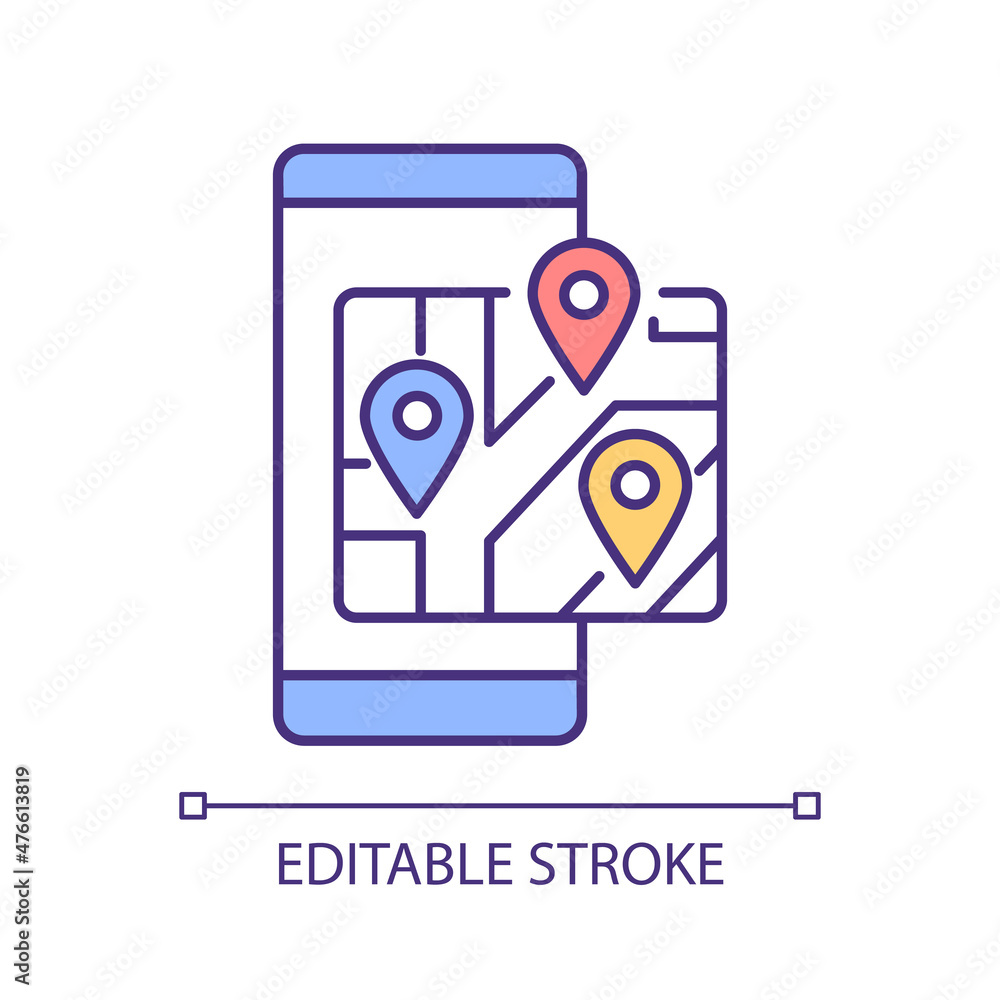 Poster mobile map rgb color icon. tracking gps marker. online navigation for delivery service. contactless 