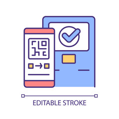 QR code for terminal use RGB color icon. Contactless payment solution. Buying boarding ticket online. Isolated vector illustration. Simple filled line drawing. Editable stroke. Arial font used