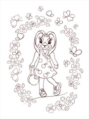 coloring book for children, a fashionable bunny in a dress with a handbag stands in a flower arch, butterflies are flying. Black and white outline, vector illustration for children for coloring.