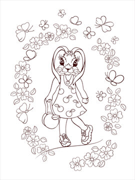 coloring book for children, a fashionable bunny in a dress with a handbag stands in a flower arch, butterflies are flying. Black and white outline, vector illustration for children for coloring.