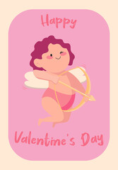 Cupid valentines day greeting card, angel vector illustration, cute and simple design, curly hair, for print, posters, cards, banners, t shirt prints, baby, child, birth