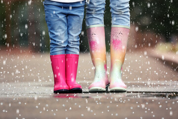 Mother and daughter wearing rubber boots on rainy day with hail, closeup