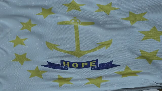Rhode Island winter flag with snowflakes background. United States of America