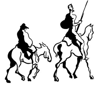 Don Quichotte und Sancho Panza, black and white illustration