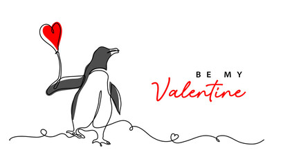 Be my Valentine minimal vector greeting card design with penguin and red heart balloon. One continuous line art drawing, background, banner, poster for Valentines day celebration © alstanova@gmail.com