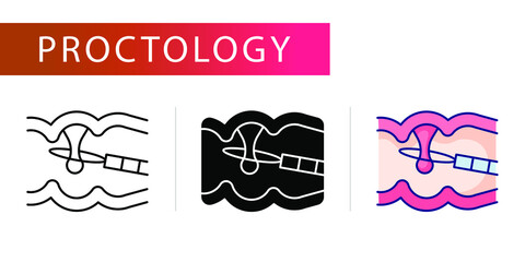 remove polyps, icons set (line, glyph, color), proctoscopy