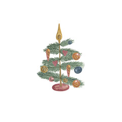 Vintage Christmas tree decorated for winter holidays celebration watercolor illustration, retro decor for greeting card, invitation