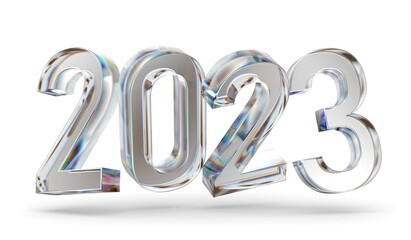 happy new year 2023 glass letter with chromatic aberration refraction dispersion 3d illustration isolated - obrazy, fototapety, plakaty