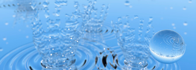 Macro water droplets hitting a pool of water 3d render
