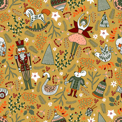 Christmas vector seamless Nutcracker pattern and winter florals.  Seamless pattern can be used for wallpaper, pattern fills, web page background, surface textures.