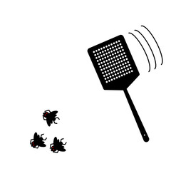 Fly swatter and three flies icon. illustration