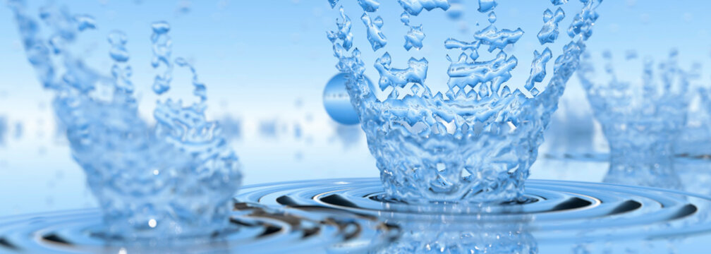 Macro water droplets hitting a pool of water 3d render